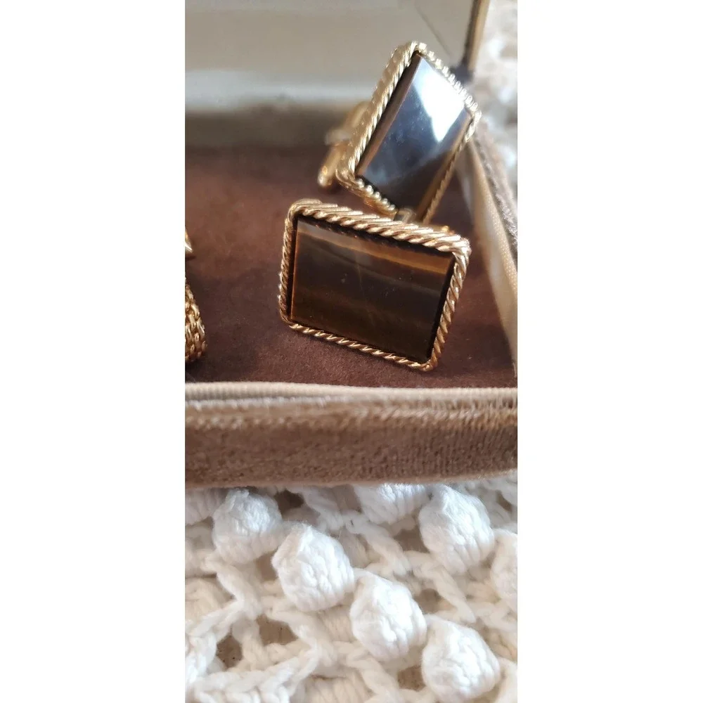 Vintage Dante Genuine Tiger Eye Mens‎ Cufflinks Set Mesh Wrap Gold Tone Boxed
